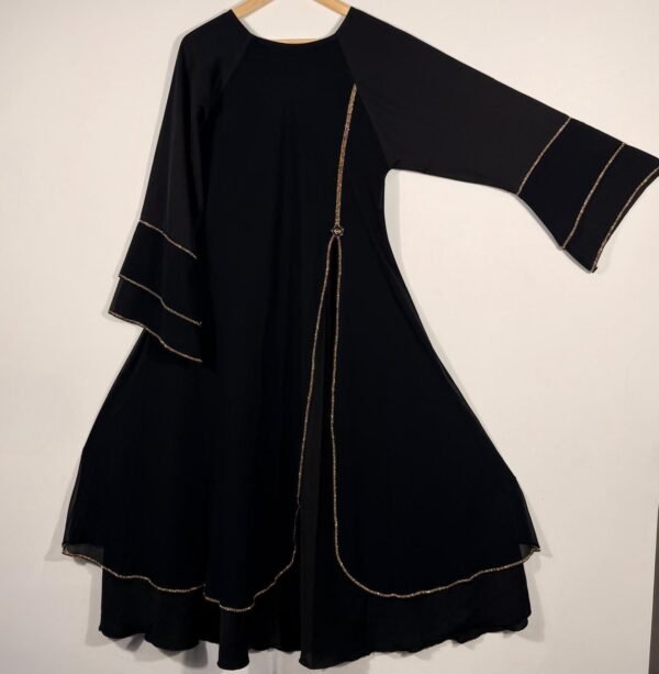 Elegant Black Flared Abaya with Golden Edge Detailing – Premium Modest Wear - Image 6