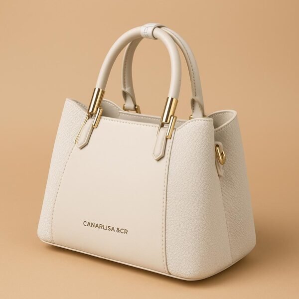 Elegant Ladies Faux Leather Handbag with Gold Accents and Logo - Image 32