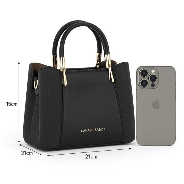 Elegant Ladies Faux Leather Handbag with Gold Accents and Logo - Image 10