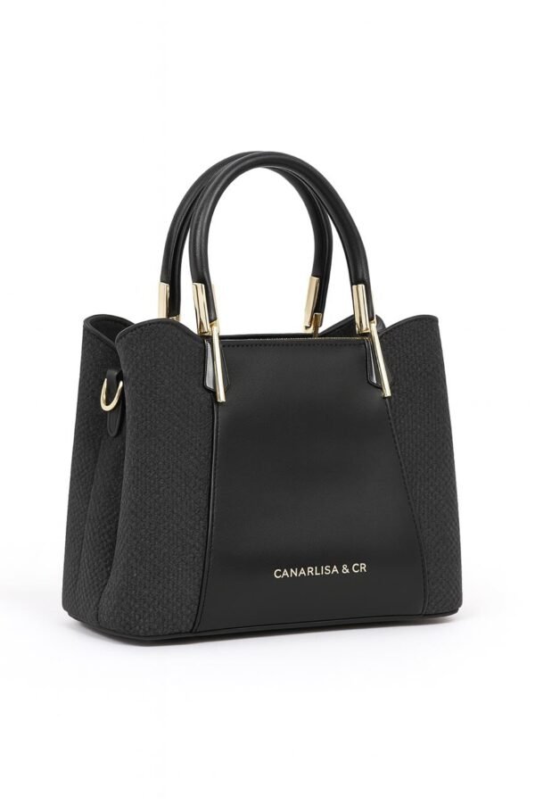 Elegant Ladies Faux Leather Handbag with Gold Accents and Logo - Image 9