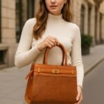 Elegant Ladies Croc-Embossed Leather Handbag with Gold Hardware