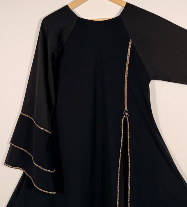 Elegant Black Flared Abaya with Golden Edge Detailing – Premium Modest Wear - Image 4