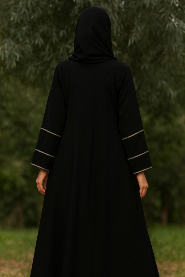 Elegant Black Flared Abaya with Golden Edge Detailing – Premium Modest Wear - Image 2